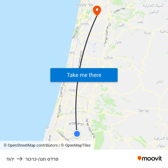 יהוד to פרדס חנה-כרכור map