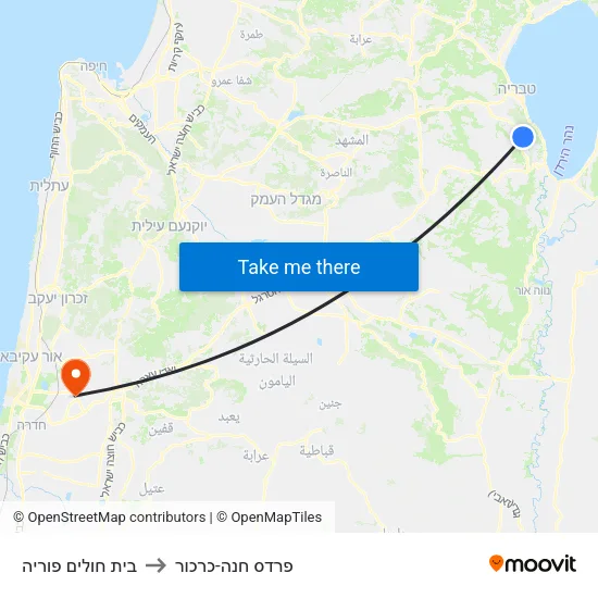 בית חולים פוריה to פרדס חנה-כרכור map