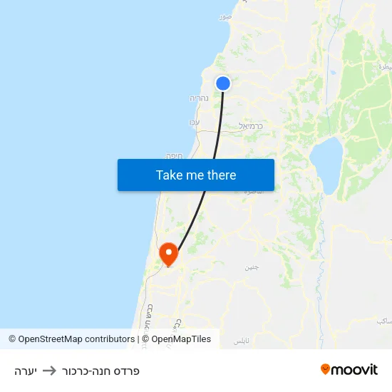יערה to פרדס חנה-כרכור map