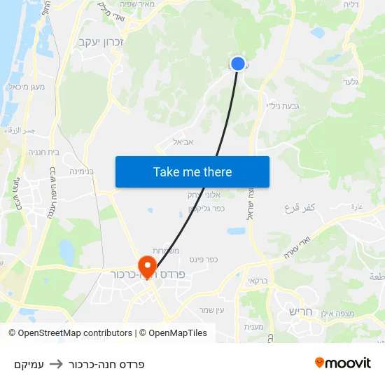 עמיקם to פרדס חנה-כרכור map