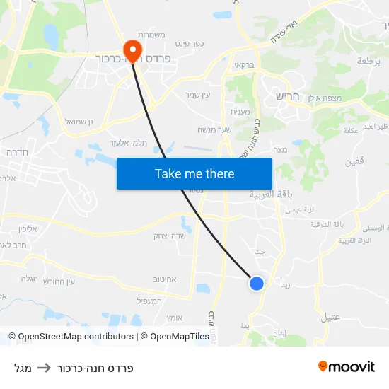 מגל to פרדס חנה-כרכור map