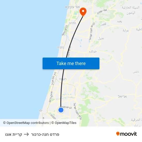 קריית אונו to פרדס חנה-כרכור map