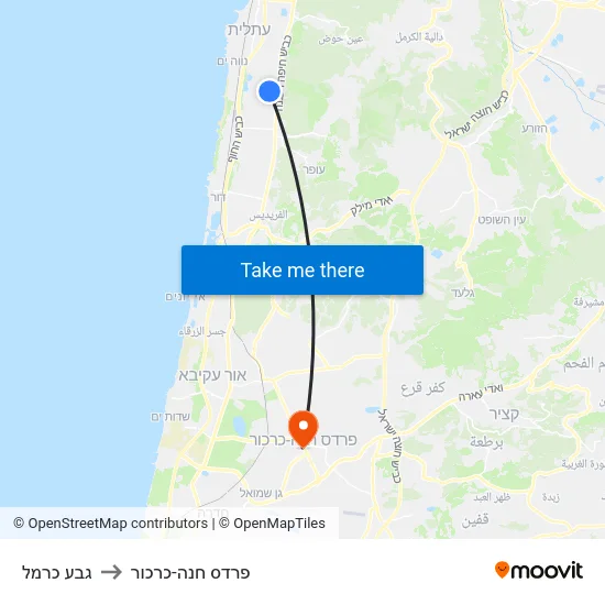 גבע כרמל to פרדס חנה-כרכור map