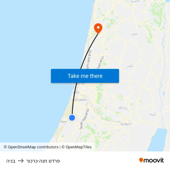 בניה to פרדס חנה-כרכור map