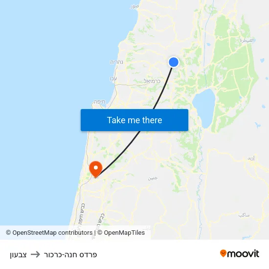 צבעון to פרדס חנה-כרכור map