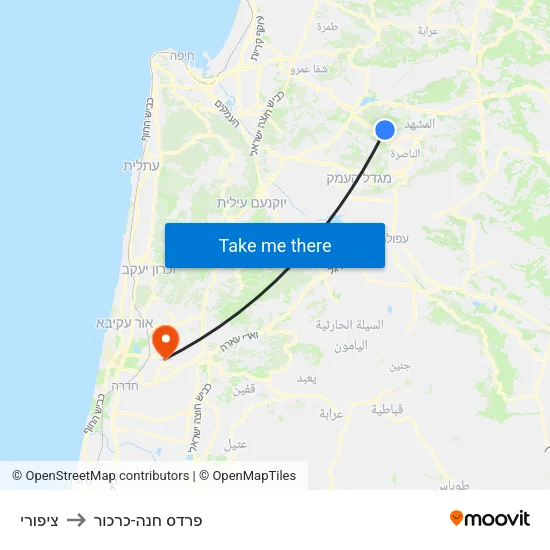 ציפורי to פרדס חנה-כרכור map