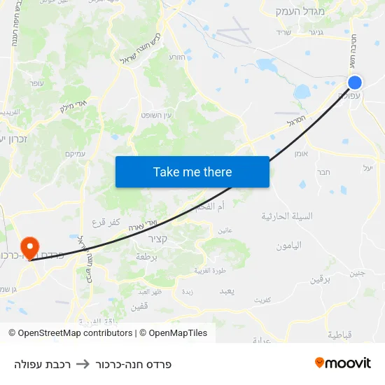 רכבת עפולה to פרדס חנה-כרכור map