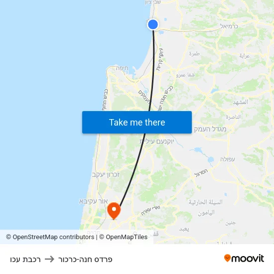 רכבת עכו to פרדס חנה-כרכור map