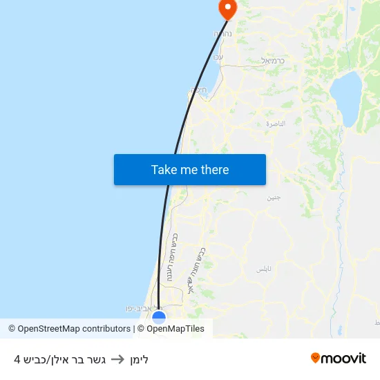 גשר בר אילן/כביש 4 to לימן map