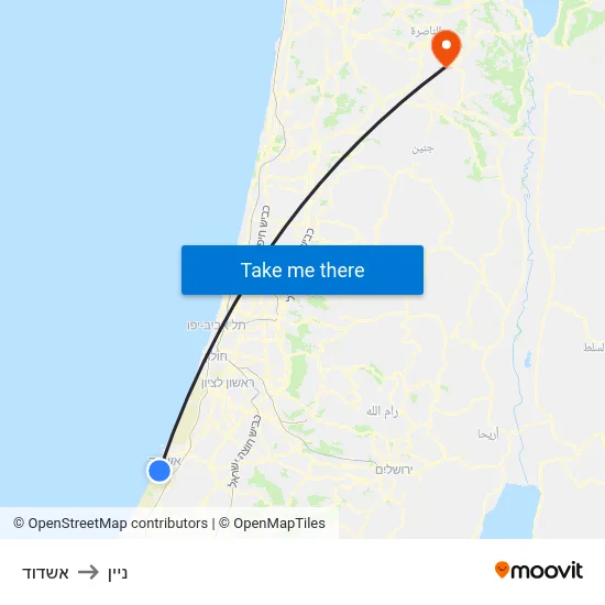 אשדוד to ניין map