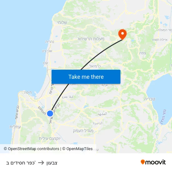 כפר חסידים ב' to צבעון map