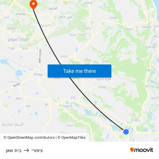 בית שאן to ציפורי map