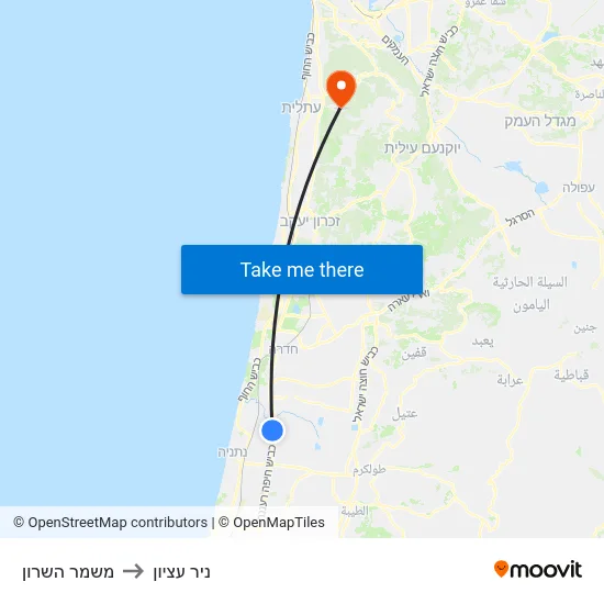 משמר השרון to ניר עציון map