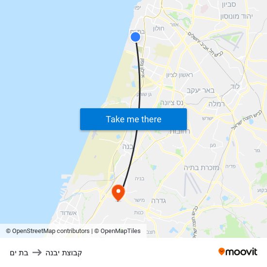 בת ים to קבוצת יבנה map