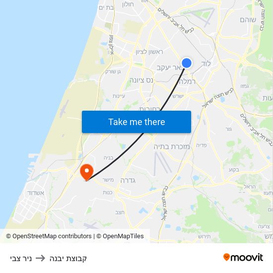 ניר צבי to קבוצת יבנה map