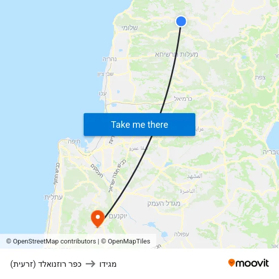 כפר רוזנואלד (זרעית) to מגידו map