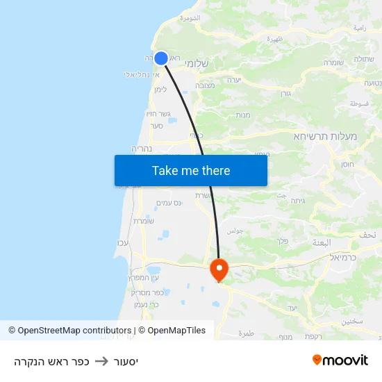 כפר ראש הנקרה to יסעור map