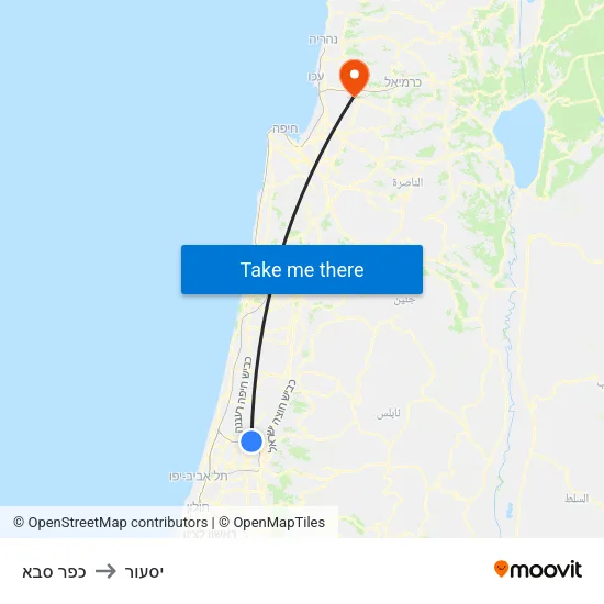 כפר סבא to יסעור map