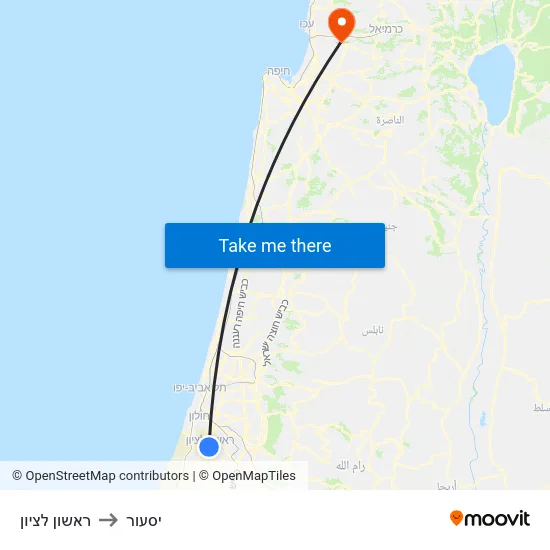 ראשון לציון to יסעור map