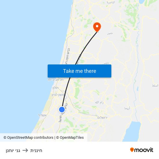 גני יוחנן to חיננית map