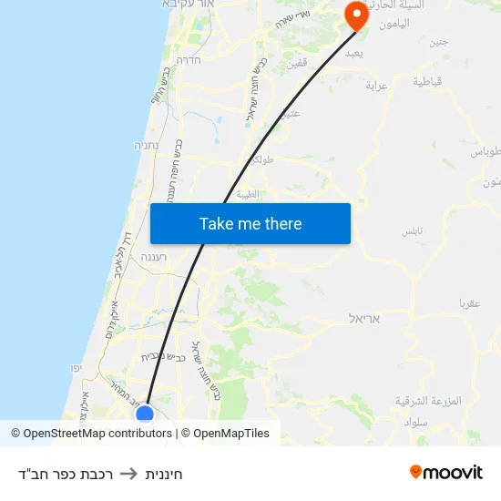 רכבת כפר חב"ד to חיננית map