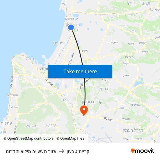 אזור תעשייה מילואות דרום to קריית טבעון map