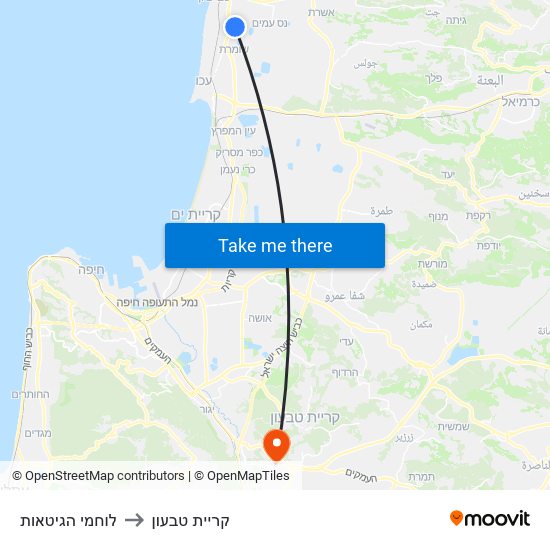 לוחמי הגיטאות to קריית טבעון map