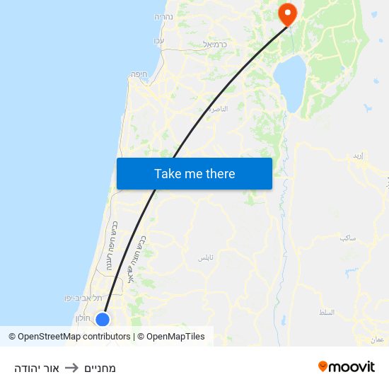 אור יהודה to מחניים map