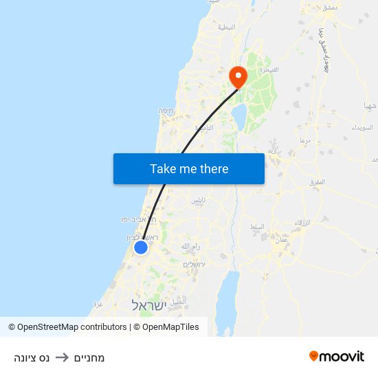 נס ציונה to מחניים map