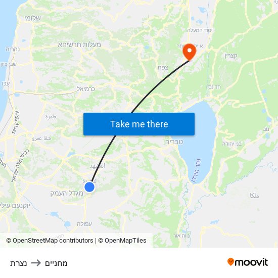 נצרת to מחניים map