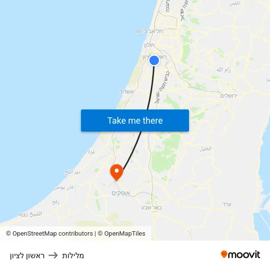 ראשון לציון to מלילות map