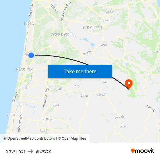 זכרון יעקב to מלכישוע map