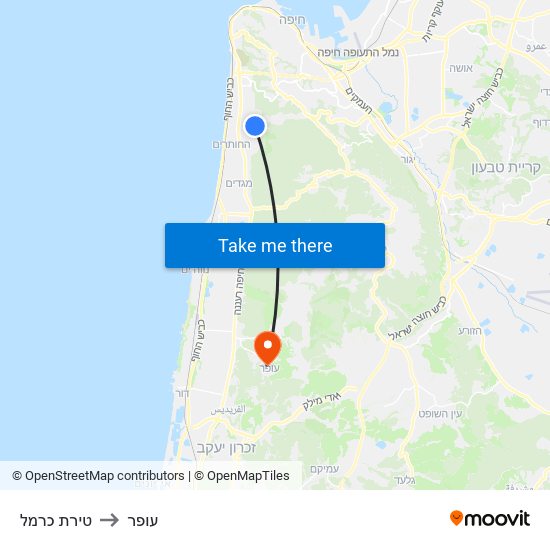 טירת כרמל to עופר map