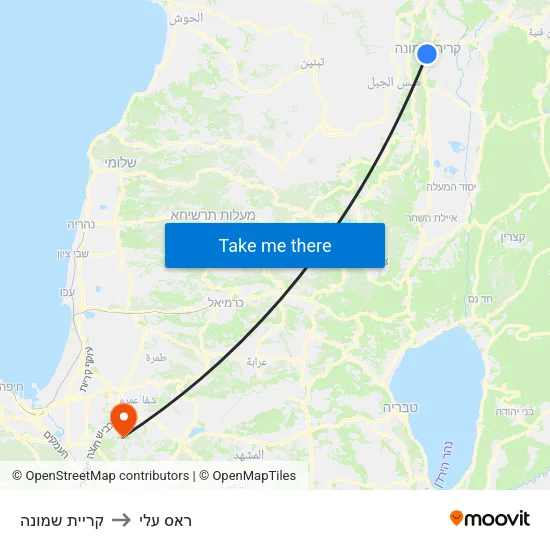 קריית שמונה to ראס עלי map