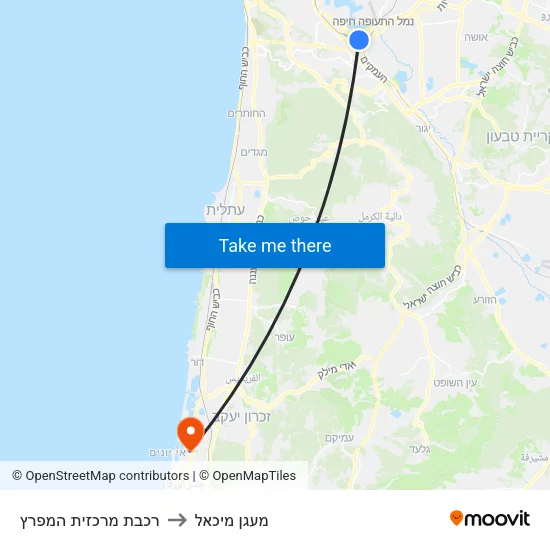 רכבת מרכזית המפרץ to מעגן מיכאל map