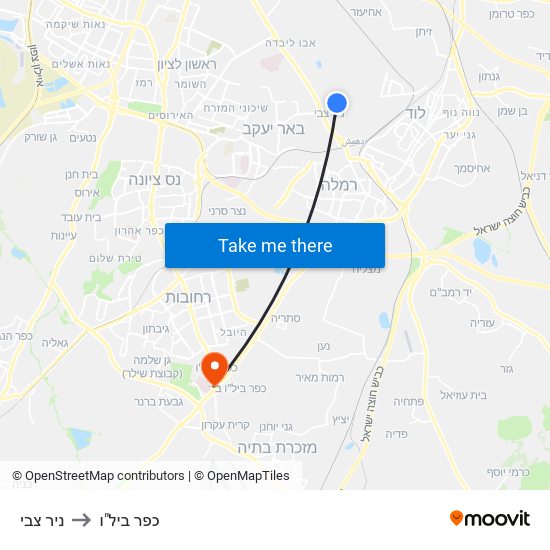 ניר צבי to כפר ביל"ו map