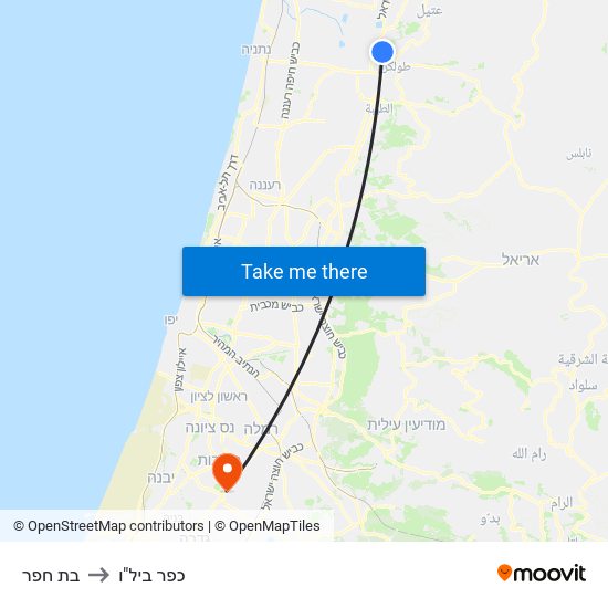 בת חפר to כפר ביל"ו map