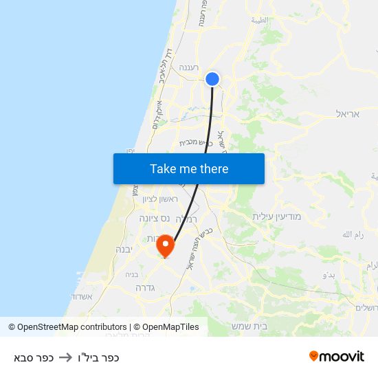 כפר סבא to כפר ביל"ו map