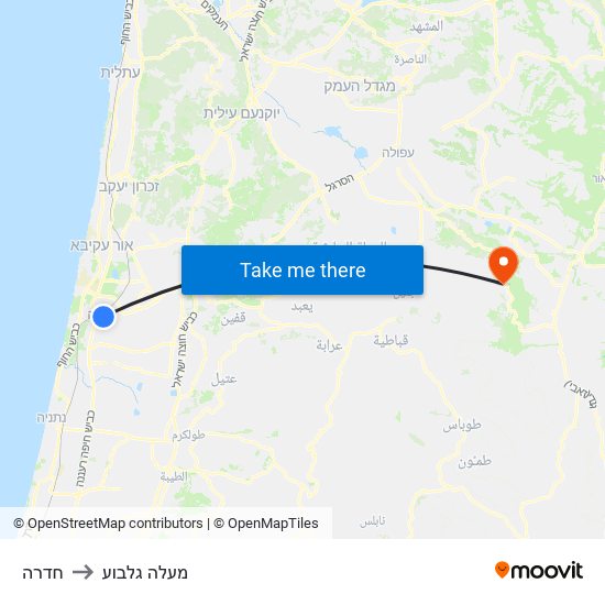 חדרה to מעלה גלבוע map