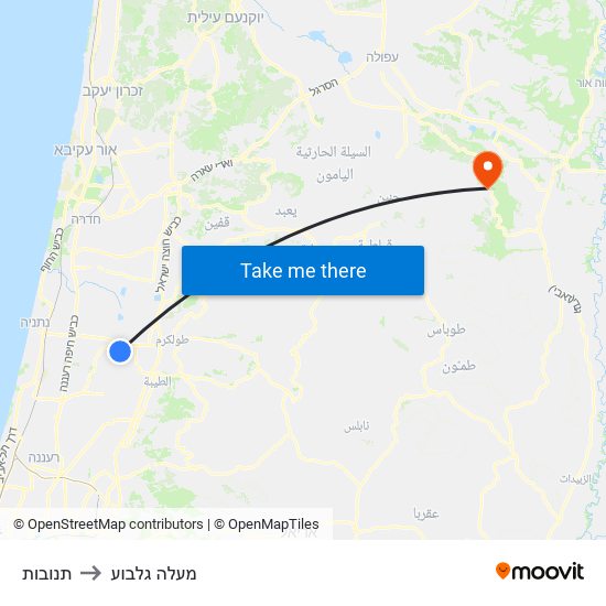 תנובות to מעלה גלבוע map