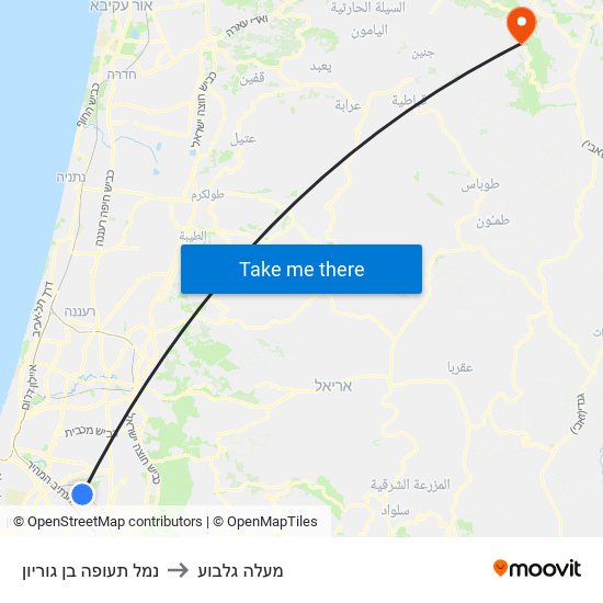 נמל תעופה בן גוריון to מעלה גלבוע map