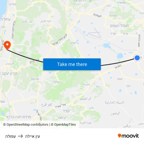 עפולה to עין איילה map