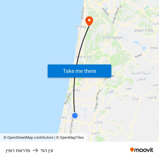 מדרשת רופין to עין הוד map