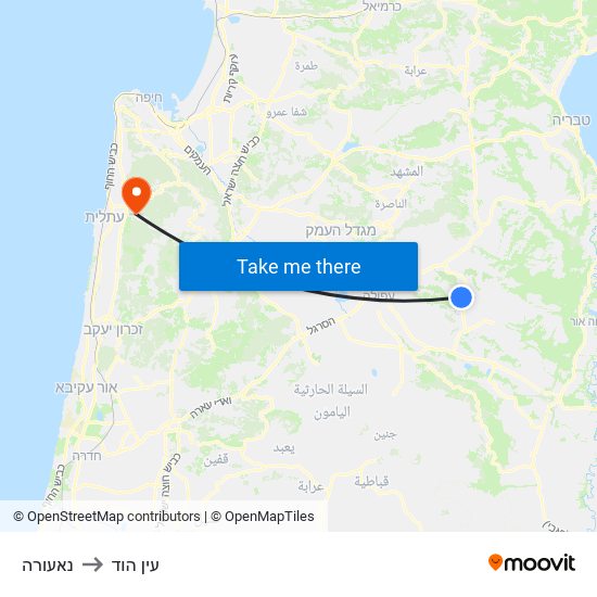 נאעורה to עין הוד map