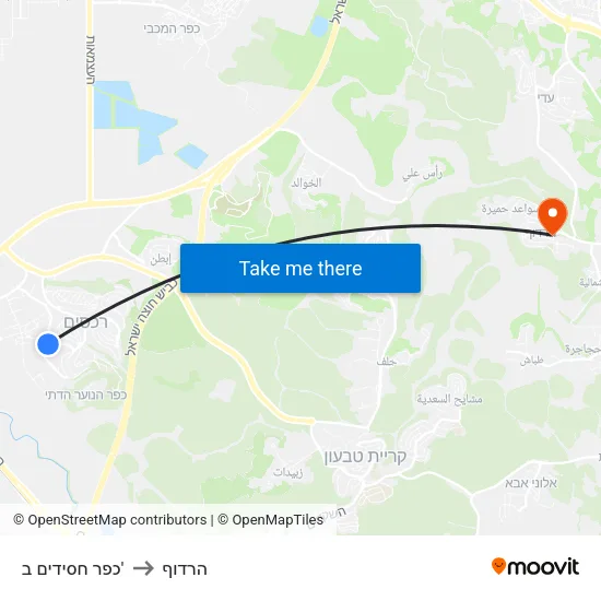 כפר חסידים ב' to הרדוף map