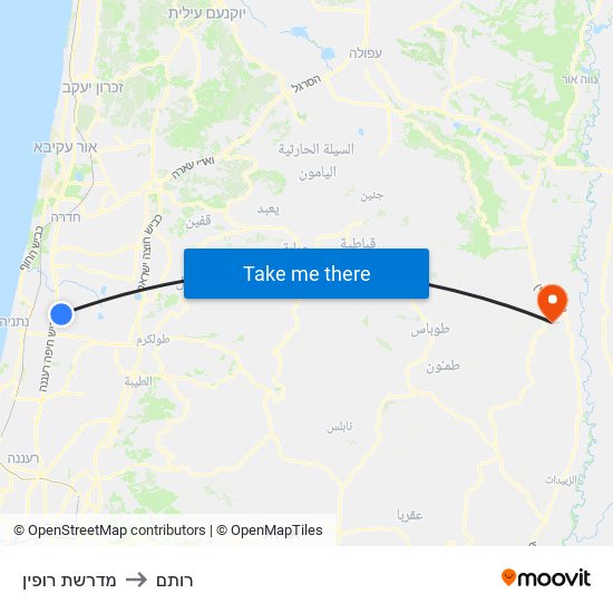 מדרשת רופין to רותם map