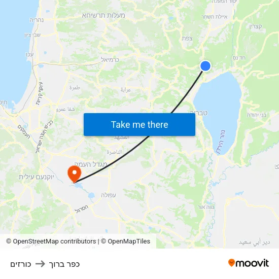 כורזים to כפר ברוך map