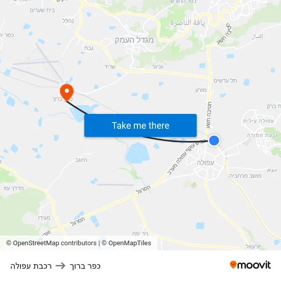 רכבת עפולה to כפר ברוך map