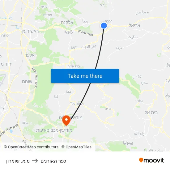 מ.א. שומרון to כפר האורנים map