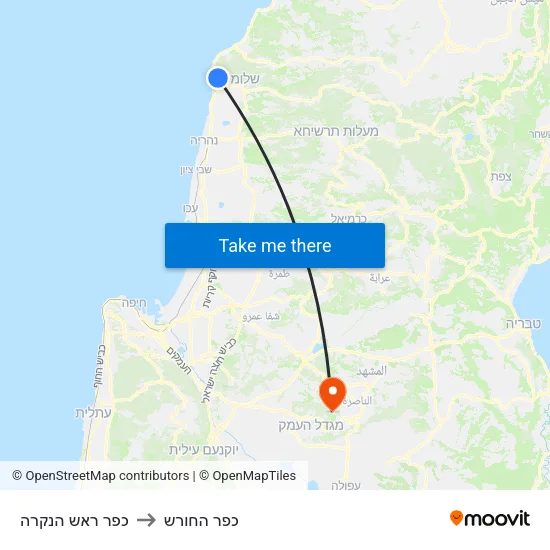 כפר ראש הנקרה to כפר החורש map